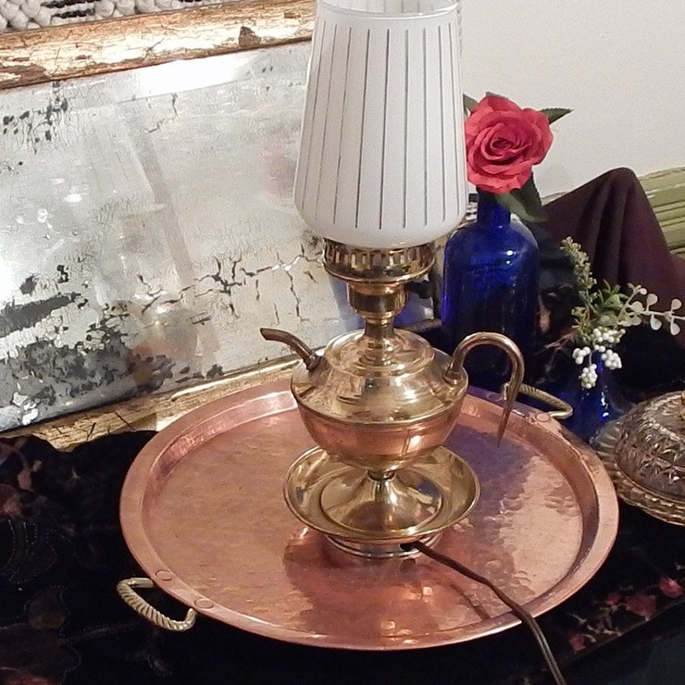 Unique Vintage Mid-Century Brass Lamp with Coin/Trinket Dish Base, C. 1950's